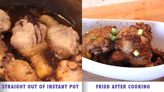 Side by side shot of chicken adobe right after cooking vs reverse fried.