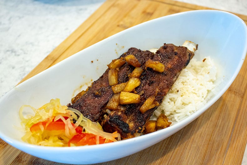 Instant Pot Pork Spare Ribs over white rice with atchara.