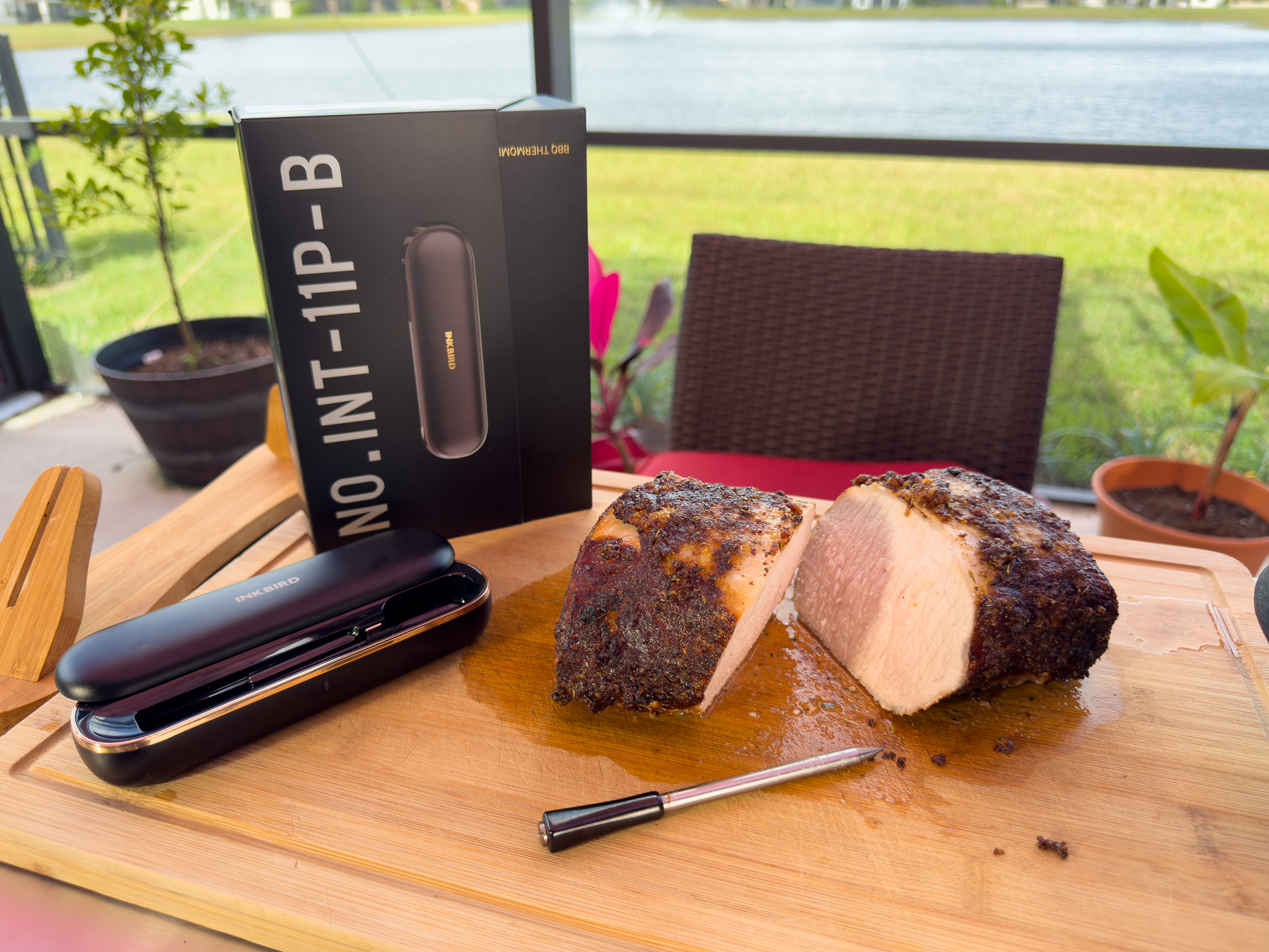 The INKBIRD INT-11P-B Wireless Thermometer, Packaging and a Pork roast cooked using the thermometer.