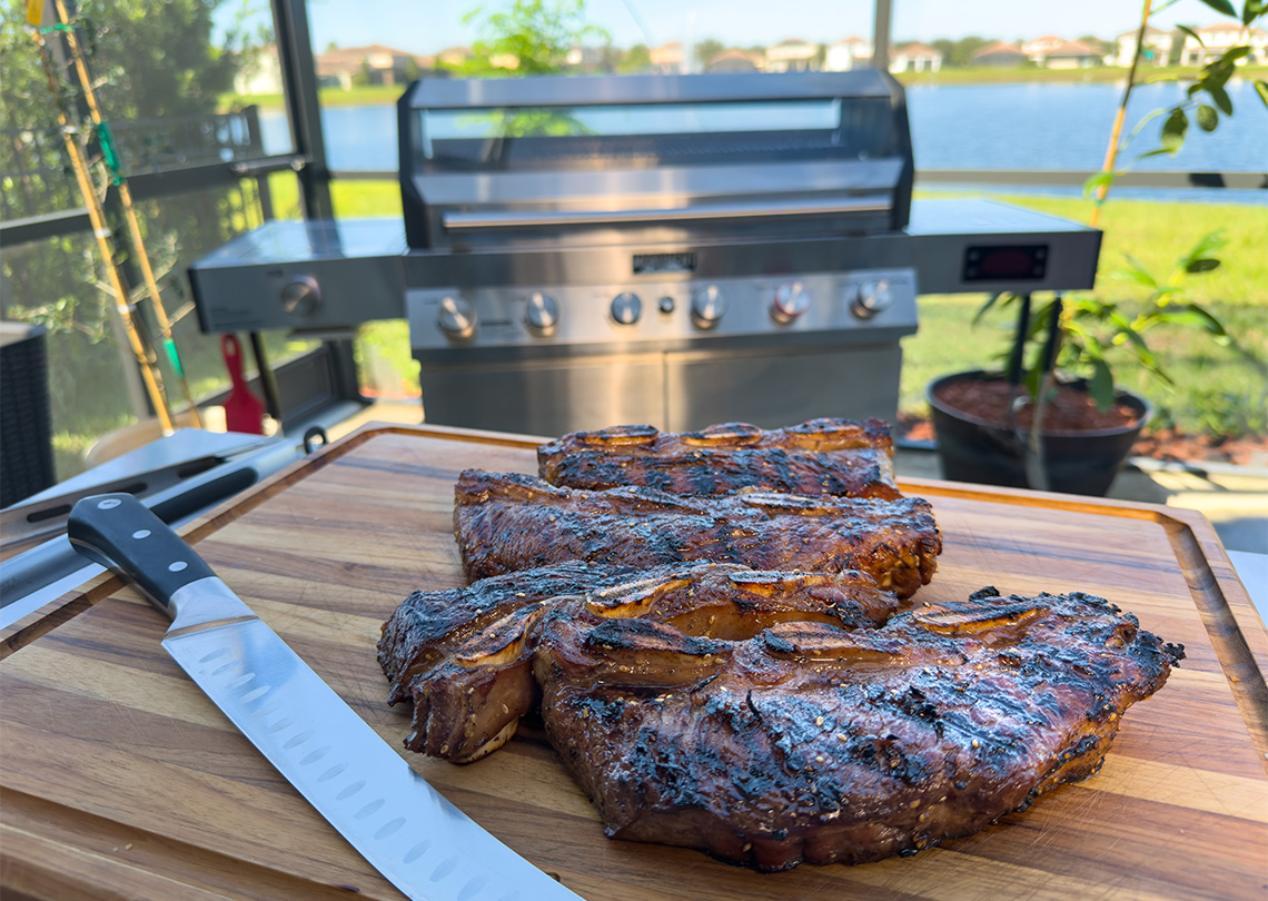 Grilled Korean Style Flanken Short Ribs.