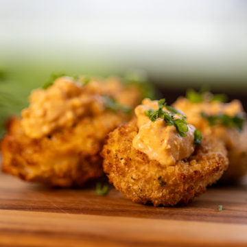 Woodfire Smoked and Air Fried Deviled Eggs.