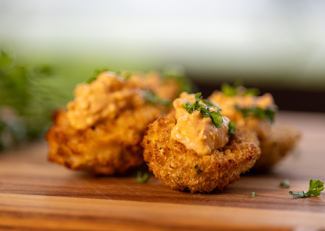 Woodfire Smoked and Air Fried Deviled Eggs.