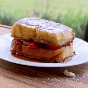 Smoked French Toast stuffed with smoked cream cheese and strawberries