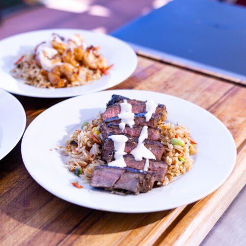Hibachi Style Fried Rice with teriyaki steak, chicken and shrimp