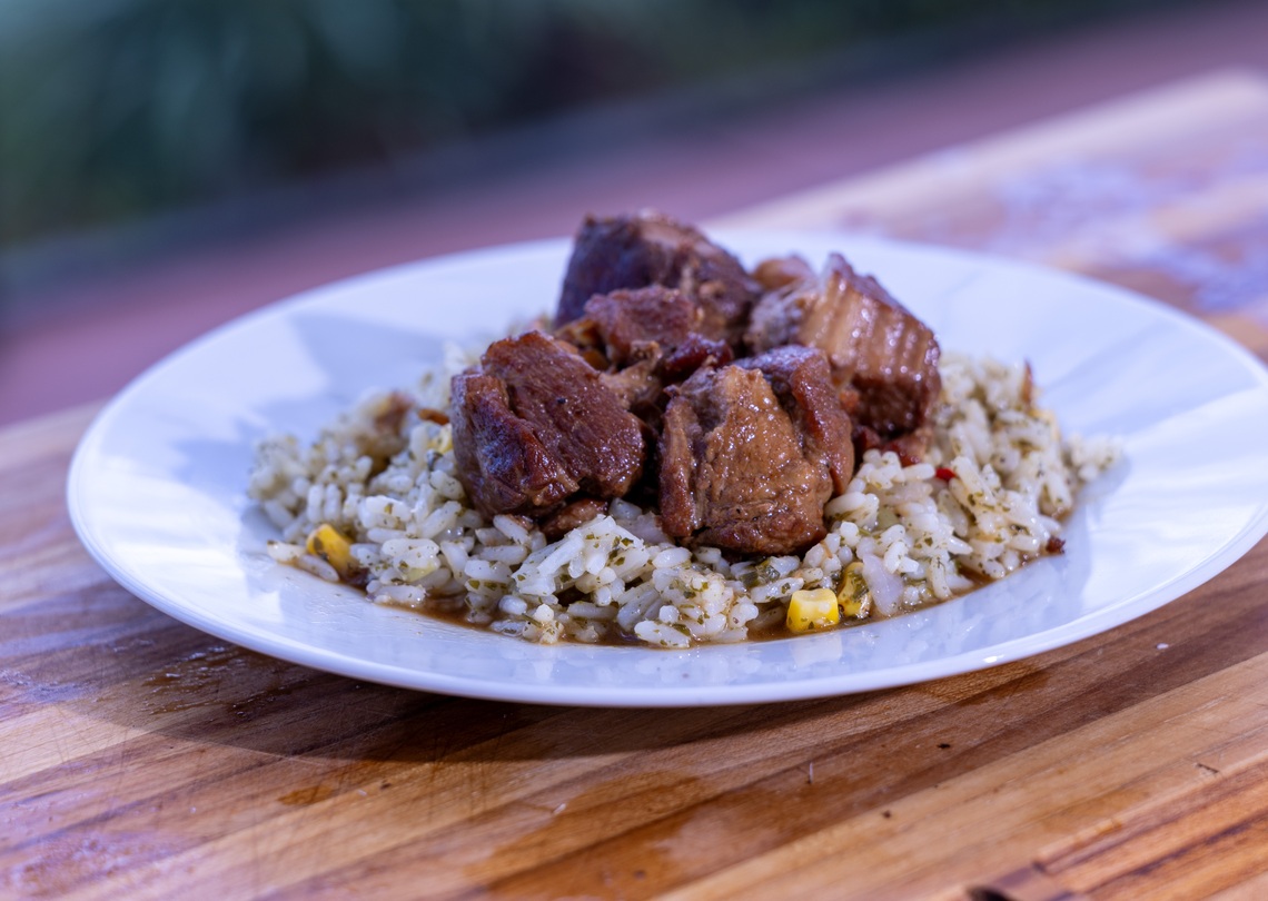 Simple Pork Adobo with Mexican Coke served over Cilantro Lime Rice